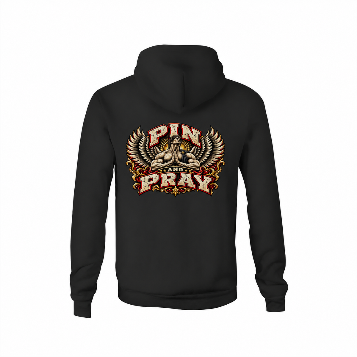 Pin & Pray black heavyweight hoodie, back view