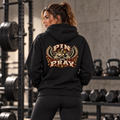 Model wearing the black Pin & Pray heavyweight hoodie