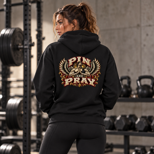 Model wearing the black Pin & Pray heavyweight hoodie
