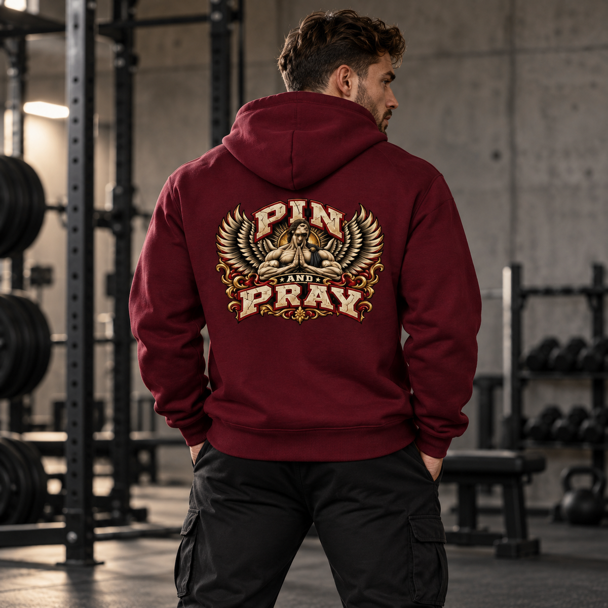 Model wearing the burgundy Pin & Pray heavyweight hoodie