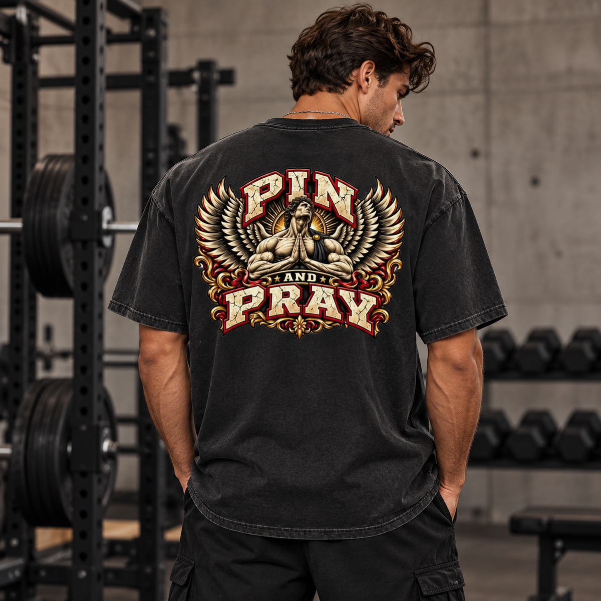 Model wearing the faded black Pin & Pray Heavy Faded Tee