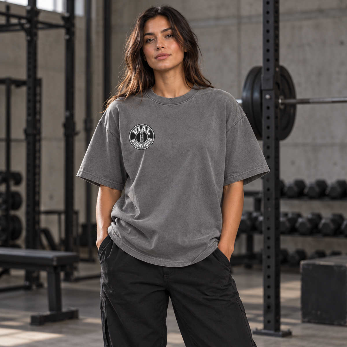 Model wearing the grey Core tee